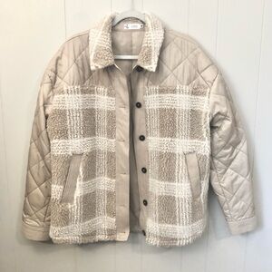 Carve Designs Quilted Jacket Plaid Sherpa Shacket BeigeCream Tan Cozy Pockets XL